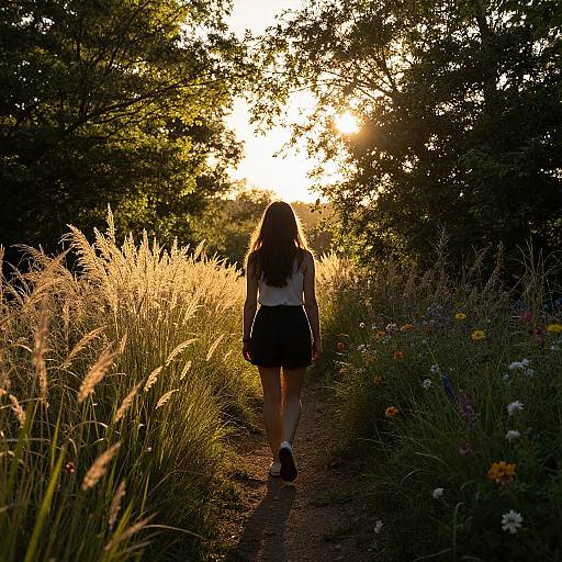 Photograph of a woman with long brown hair, wearing a white top and black skirt, walking away on a sunlit path through a lush, flowering