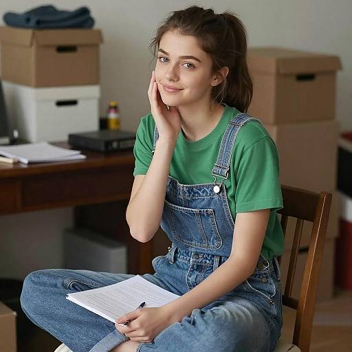 Young Woman Sitting in Cluttered Room