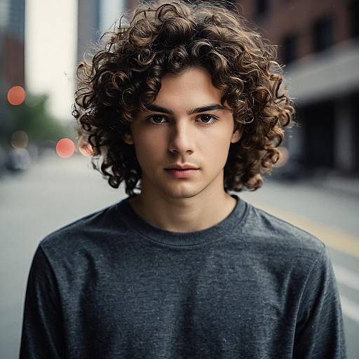 Young man with curly hair in urban setting