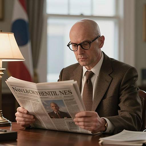 Serious Bald Man Reading Newspaper at Desk