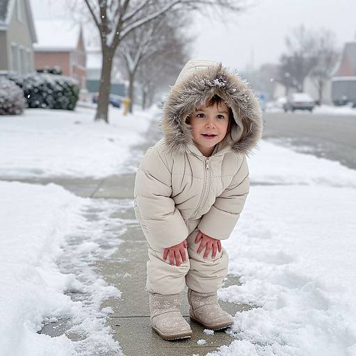 Winter Child on Snowy City Sidewalk