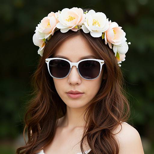 Photograph of an East Asian woman with long brown hair, wearing a white flower crown, white oversized sunglasses, and a neutral expression, against a dark