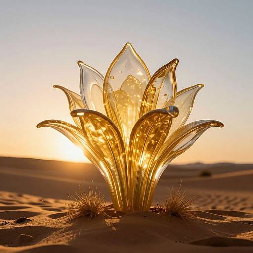 Photograph of a glowing, golden glass flower sculpture with translucent petals, illuminated by sunset, set in a sandy desert landscape.