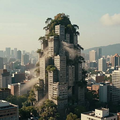 Photograph of a surreal, towering urban jungle skyscraper, covered in greenery and buildings, surrounded by a modern cityscape with mist.