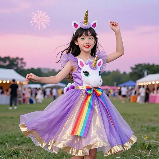 Photograph of a smiling Asian girl in a purple unicorn dress with rainbow ribbon, white horn headband, and lavender tulle, dancing outdoors at twilight