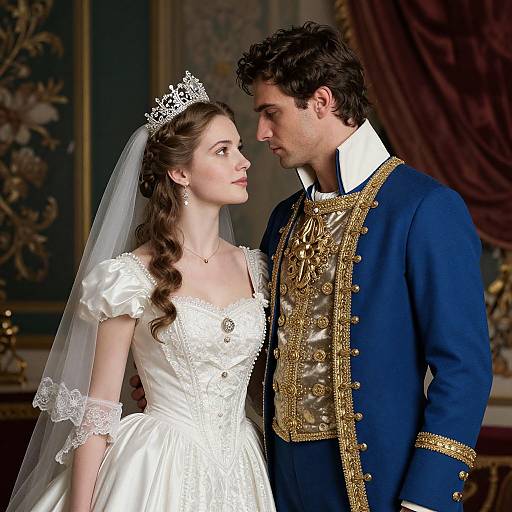 Photograph of a fair-skinned bride in a white lace wedding dress and tiara, gazing at a dark-haired groom in a blue, gold