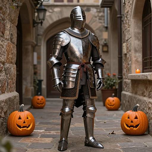 Photograph of a knight in shiny, reflective medieval armor standing in a cobblestone alley with three carved, lit pumpkins.
