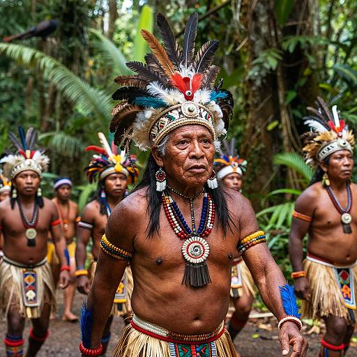 Cacique Leading Tribe Through Rainforest
