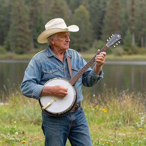 Photograph of an elderly man with gray hair, wearing a white cowboy hat and blue denim shirt, playing a banjo outdoors by a lake. Forest