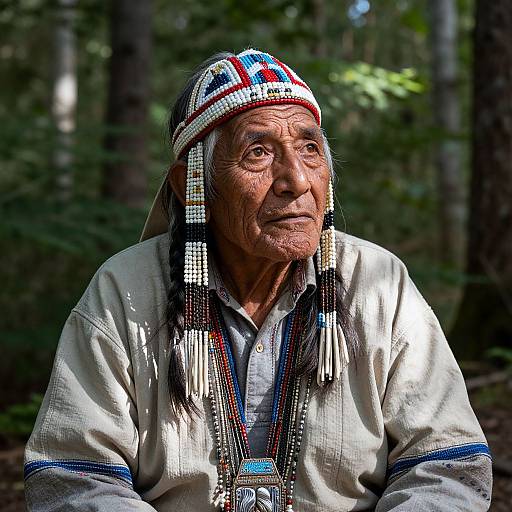 Photograph of an elderly Native American man with wrinkled skin, wearing a traditional beaded headband and shirt, sitting in a forest.
