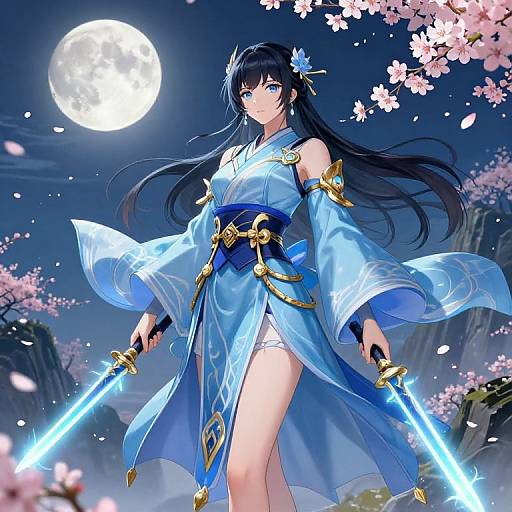 Anime-style illustration of a blue-haired woman in a flowing white and blue kimono, holding glowing blue swords, under a full moon amidst cherry blossoms