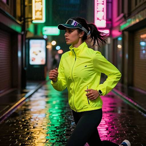 Photograph of an Asian woman in a neon yellow jacket, black pants, and visor, running on a rainy, neon-lit urban street at