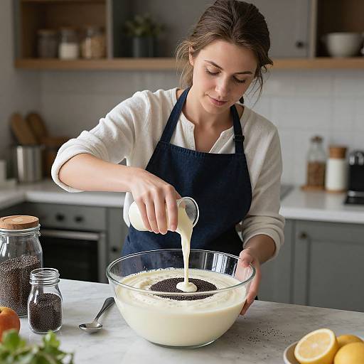 Photograph of a brunette woman in a white shirt and black apron, pouring batter into a glass mixing bowl in a modern kitchen.