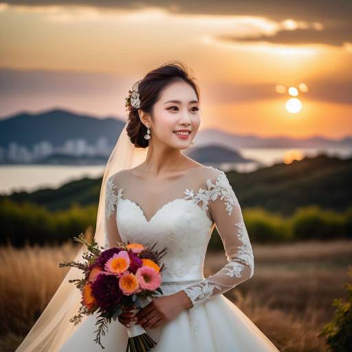 Radiant South Korean Bride at Sunset