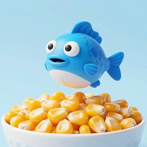 CGI image of a blue, cartoon fish with wide eyes hovering above a white bowl filled with shiny, yellow chickpeas.