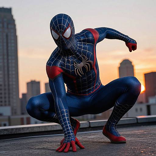 Photorealistic CGI of Spider-Man in a crouched pose on a rooftop at sunset, wearing a blue and red spider-web suit, with city