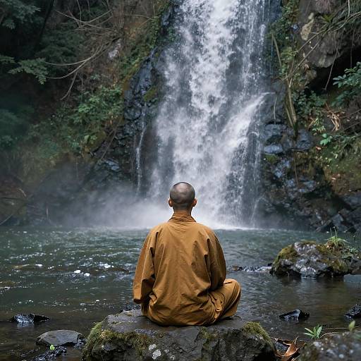 Serene Waterfall Scene with Monk