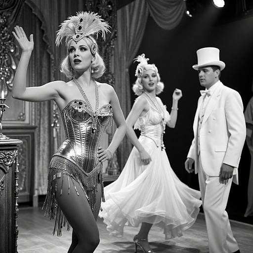 Black-and-white photo of a vintage dance performance: blonde woman in shimmering corset and fringe dress, another in white dress, and a man in