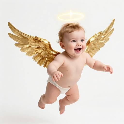 Photograph of a smiling baby with golden wings, wearing only a white diaper, floating against a white background.