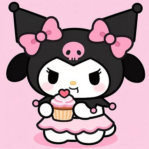 Digital drawing of a cute, chibi-style character with black jester hat, pink bows, skull emblem, holding a cupcake with pink frosting.