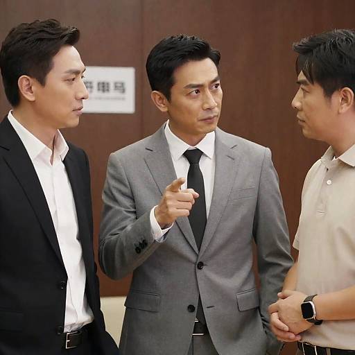 Three Asian men in serious discussion indoors