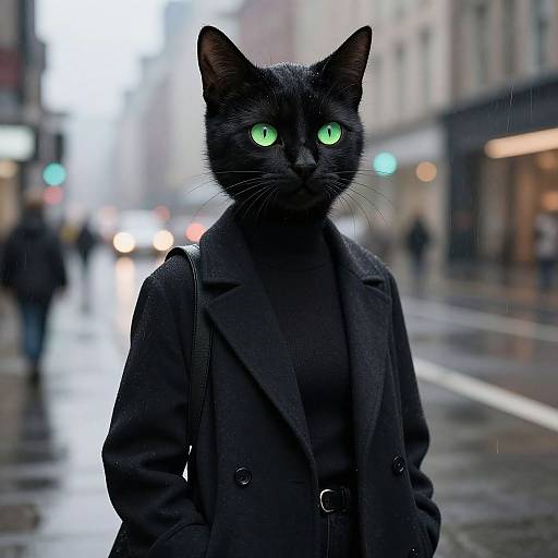 Photograph of a black cat with glowing green eyes, wearing a dark coat, standing on a wet, urban street at night. Blurred city lights