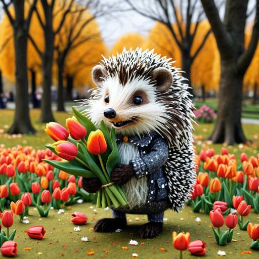 Cartoon Hedgehog Holding Tulip Bouquet in Autumn Park