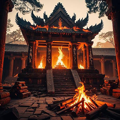 Mystical Ancient Temple with Flaming Phoenix