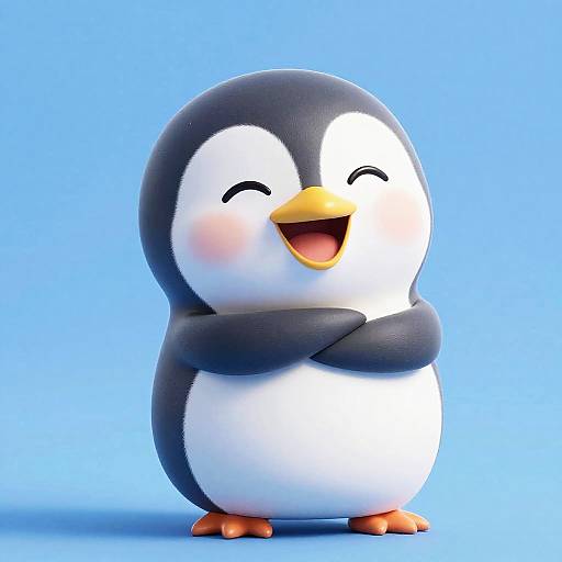 Cute, cartoon penguin with black and white feathers, orange beak and feet, smiling with closed eyes, arms crossed, against blue background.