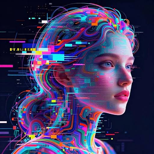 Digital artwork of a woman with glowing, neon-colored, wavy hair against a black background, with pixelated patterns overlaying her face and hair.