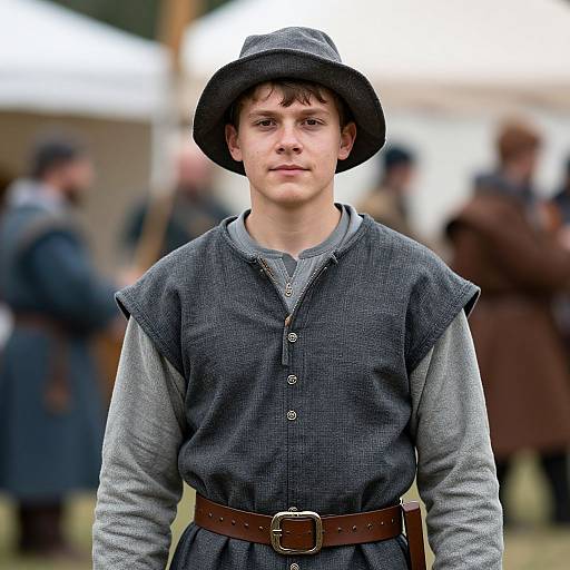 Photograph of a young white man with fair skin, wearing a medieval-style gray tunic, brown belt, and black hat, standing outdoors with blurred