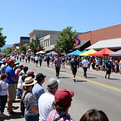 Photograph of a bustling street parade with diverse crowd, colorful vendor tents, people walking, flags, brick buildings, sunny day.