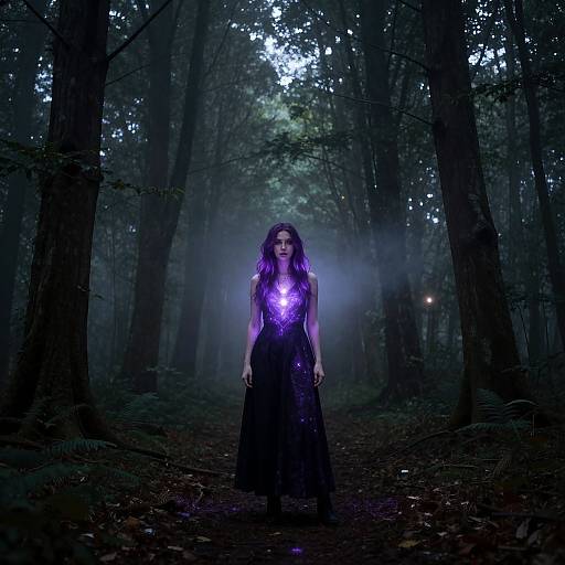 Photograph of a woman with long, wavy purple hair in a black, sequined dress, glowing with a purple light, standing in a dark