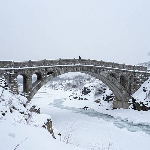 Photograph of a stone arch bridge over a snow-covered river, with a solitary person walking in the foreground. Snowy landscape with bare trees and rocks