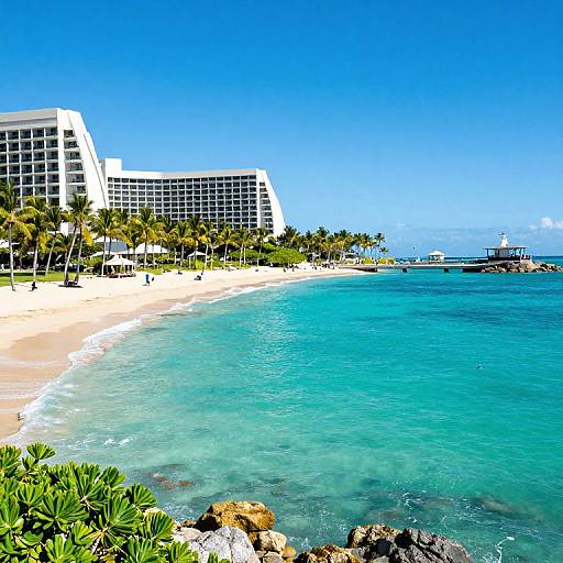 Photograph of a tropical beach with clear turquoise water, white sandy shore, palm trees, modern white hotel buildings, and a bright blue sky.