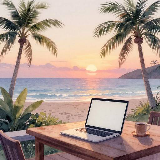 Digital painting of a beach sunset with two palm trees, a wooden table with a laptop and coffee cup, and ocean waves.