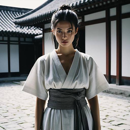 Woman with Samurai Knot Hairstyle in Traditional Courtyard