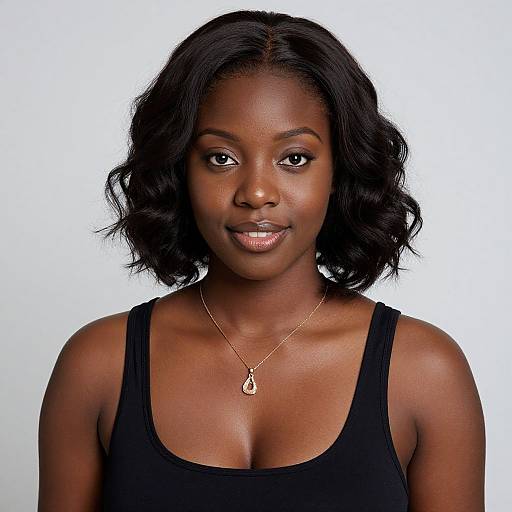 Photograph of a smiling, dark-skinned woman with shoulder-length black wavy hair, wearing a black tank top and a gold necklace with a te