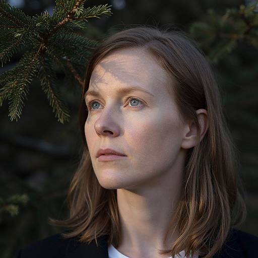 Photograph of a fair-skinned woman with blue eyes, brown shoulder-length hair, and a serious expression, gazing upward, with pine branches in