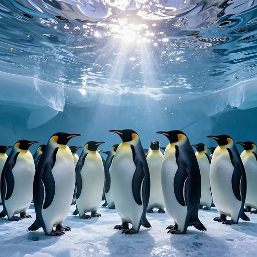 Photograph of a group of Emperor penguins standing on icy blue water, illuminated by bright sunlight from above, creating a shimmering effect.