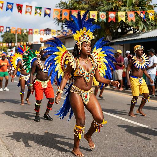 Photograph of a vibrant parade featuring a dark-skinned woman with blue and yellow feather headdress, beaded jewelry, and red-orange outfit, surrounded