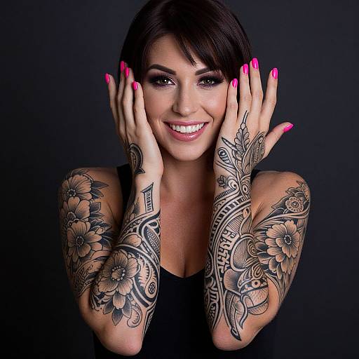 Photograph of a smiling woman with dark hair, pink nails, and intricate black floral and geometric tattoos on her arms, against a dark background.