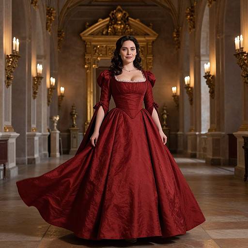 Photograph of a fair-skinned woman with dark curly hair, wearing a deep red, full-skirted, Victorian-style gown, standing in a