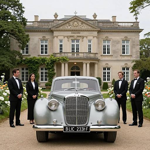 Photograph of four elegantly dressed men and women in black tuxedos and suits standing in front of a silver classic car, in front of