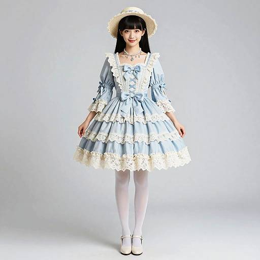 Photograph of an Asian woman in a blue, lace-trimmed, Victorian-style dress, white stockings, and hat, standing against a plain white