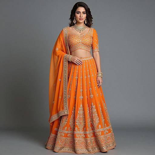Elegant Woman in Orange Chikankari Lehenga
