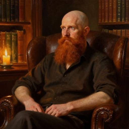 Photograph of a bald, red-bearded man with pale skin, wearing a black shirt, seated in a leather armchair in a dimly lit