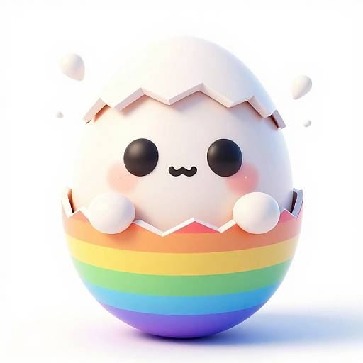 Cute, white, chibi-style cloud with black dot eyes and blushing cheeks, sitting on a rainbow-striped ball. Photorealistic CGI.