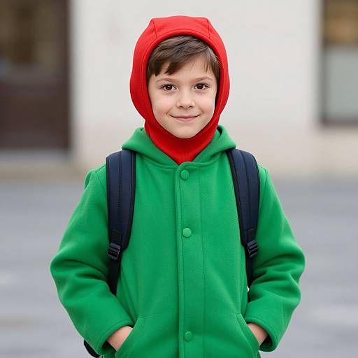 Photograph of a young boy with fair skin, brown hair, wearing a bright red hooded green coat, black backpack, and hands in pockets,