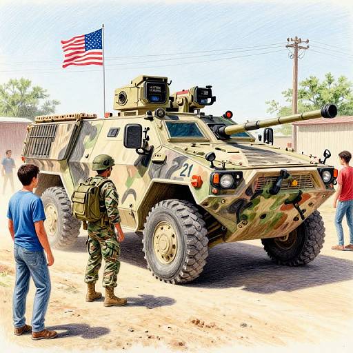 Photograph of a camouflaged armored vehicle with a long barrel, American flag, and three people: one soldier in uniform and two civilians, standing